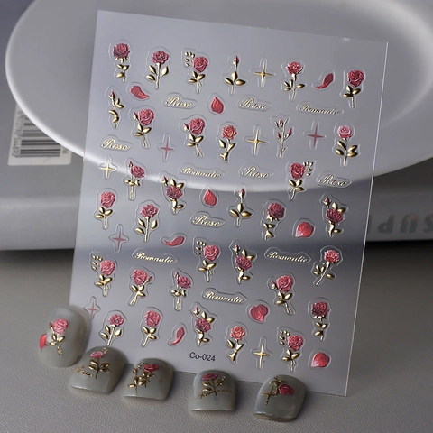 Autocollants Ongles Relief Auto Adhésifs Rose Florale Géométrique Argyle Vintage Élégant Décoration Manucure Femmes