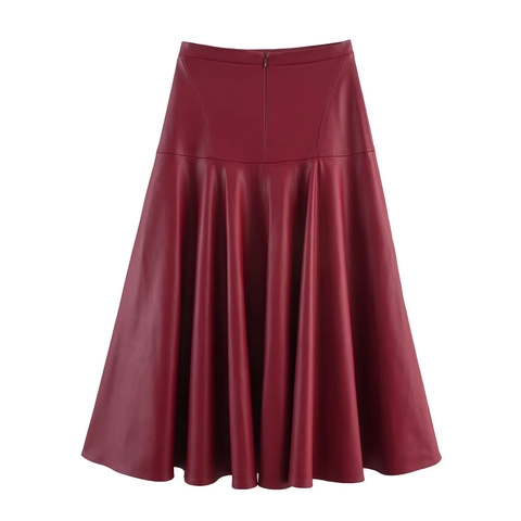 Faux Leather Pleated Midi Skirt High Waist A-Line Elegant Solid Color Chic Streetwear For Women