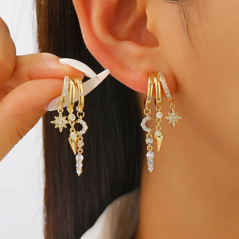 Bohemian Copper Zirconia Tassel Hoop Earrings For Women Inlaid Gold Plated Geometric Star Moon C-shaped Dangle Earrings