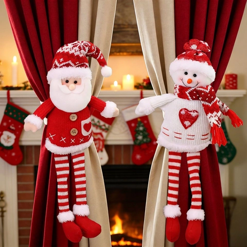 Kerst Gordijnbeugels Pluche Gebreid Kerstman Sneeuwpop Rendier Lange Benen Pop Decoratie