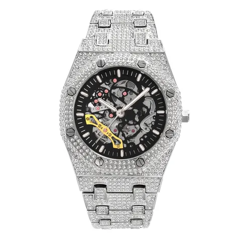 Men Skeleton Mechanical Watch Full Rhinestone Iced Out Octagonal Bezel Luxury Waterproof Luminous Stainless Steel Wristwatch