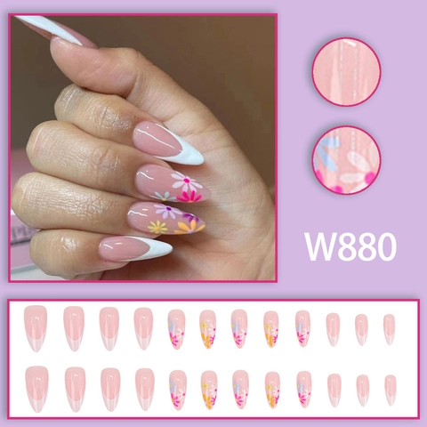 Lange Mandelförmige Aufdrücknägel Weiße French Tips Buntes Blumenmuster Glänzende Künstliche Fingernägel Für Damen