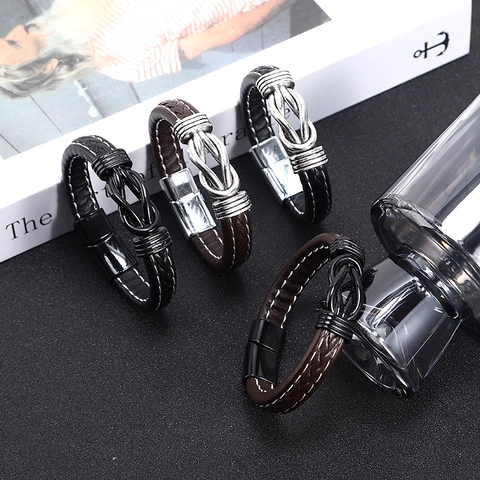Pulsera De Cuero Trenzado Para Hombre Con Nudo De Aleación Cierre Magnético Brazalete De Moda