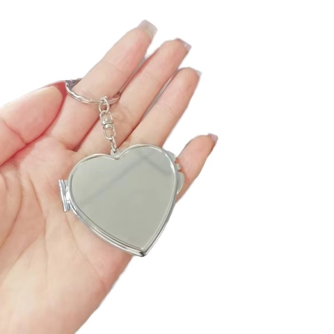 Portable Mirror Keychain Metal Mesh Pouch Heart Oval Folding Double Sided Compact Makeup Mirror Bag Charm Pendant
