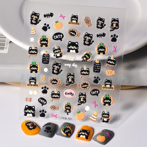 Autocollants Art Des Ongles 3D En Relief Imperméable Autocollant Chat Noir Dessin Animé Ours Décorations De Manucure Femmes