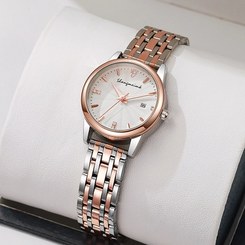 Dames Quartz Horloge Klassiek Roestvrijstalen Band Legering Kast Ronde Wijzerplaat Datumweergave Strass Elegant Casual