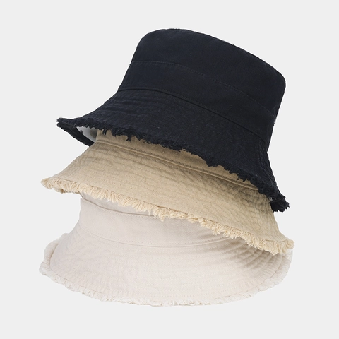 Chapeau Bob À Bords Effilochés Coton Toile Protection Solaire Extérieur Vintage Style Japonais Femmes Versatile