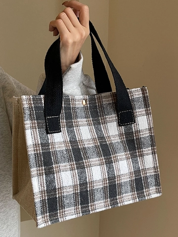 Bolso De Mano De Lona A Cuadros Algodón Lino Plaid Casual Retro Bolsa De Almuerzo Mujeres Compras Diarias