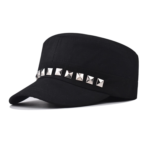 Cadet Cap Cotton Flat Top Military Hat With Square Metal Rivets Adjustable Punk Rock Streetwear Vintage Unisex