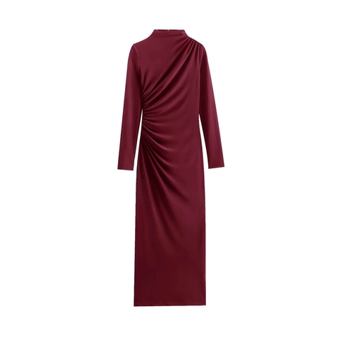 Ruched Side Bodycon Maxi Dress Long Sleeve High Neck Solid Color Polyester Stretch Slim Fit Party Elegant Women