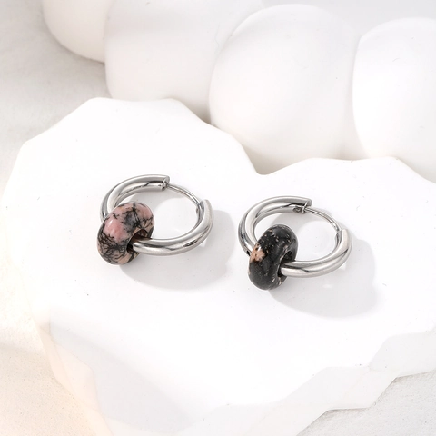 Vintage Stainless Steel Hoop Earrings With Natural Stone Beads Geometric Texture Minimalist Jewelry For Women
