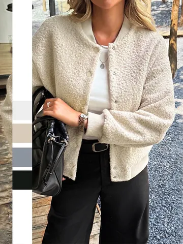 Dames Teddy Fleece Baseball Jas Effen Kleur Drukknop Opstaande Kraag Casual Streetwear Warme Bovenkleding Lange Mouwen