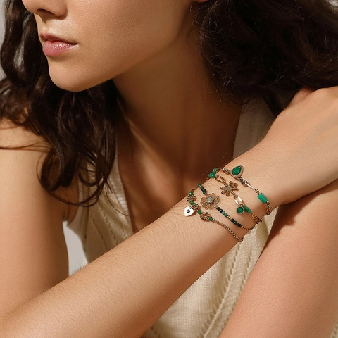 Bohemian Stainless Steel 18K Gold Plated Bracelet With Natural Green Stone Heart Water Drop Flower Pendant Fashion Jewelry Women