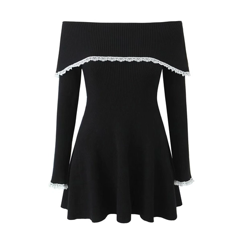 Vestito Mini In Maglia A Costine Spalle Scoperte Con Bordo In Pizzo Manica Lunga Colore A Contrasto Elegante
