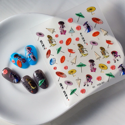 5D Geprägte Nagelaufkleber Wasserdicht Selbstklebend Chinesischer Stil Blume Ölpapierschirm Vintage Maniküre Kunst Dekor