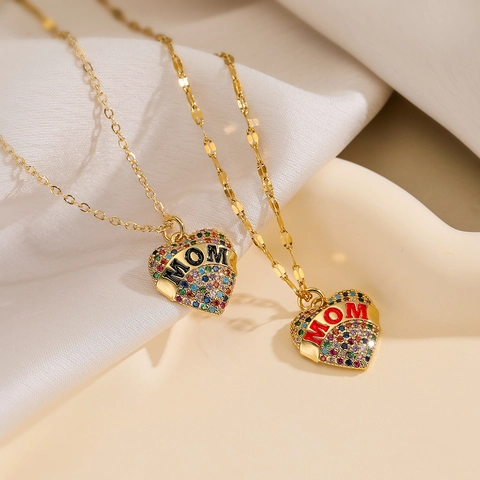 Heart Pendant Necklace 18K Gold Plated Copper With Colorful Zircon MOM Design Jewelry For Women Mother Gift