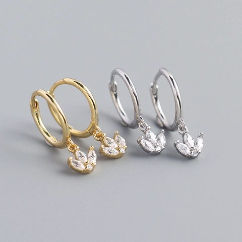 925 Sterling Silver Hoop Earrings With Marquee Cubic Zirconia Leaf Dangle Elegant Minimalist Jewelry For Women