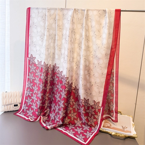 Écharpe Longue Femme En Polyester Imitation Satin Satin Imprimé Floral Châle Protection Solaire Élégant Couleur Contraste
