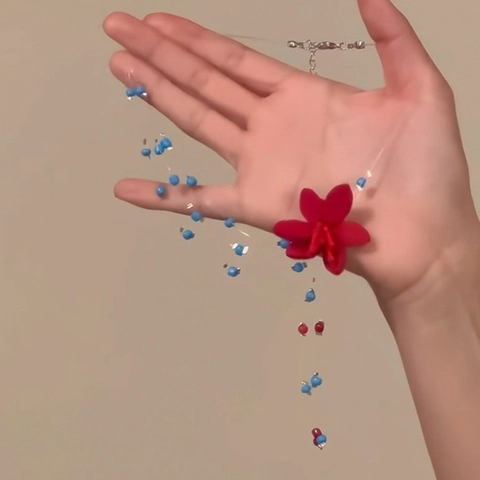 Collana Di Perline Con Fiore Rosso Fatto A Mano Per Donna Linea Invisibile Trasparente Stile Dopamina Girocollo