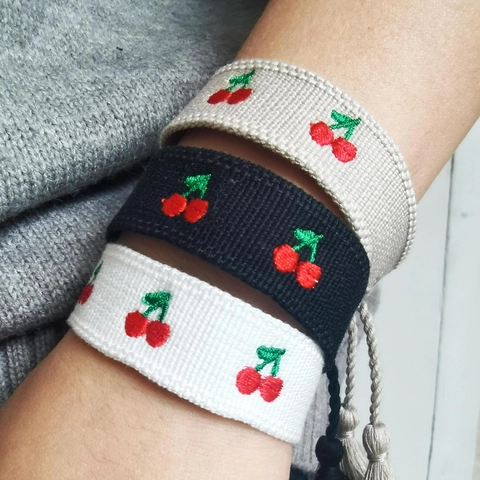 Fashion Embroidered Cherry Braided Bracelet Adjustable Tassel Woven Wristband Small Niche Fabric Hand Jewelry For Women Girls
