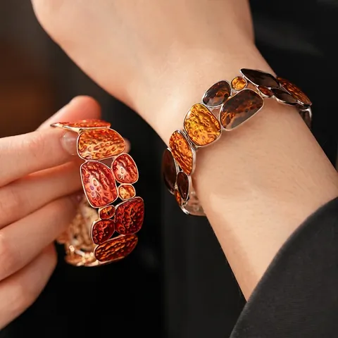 Bracciale Patchwork Geometrico Vintage Lega Smalto Texture Martellata Bracciale Rigido Largo Elastico Gioielli Moda Retrò Donne