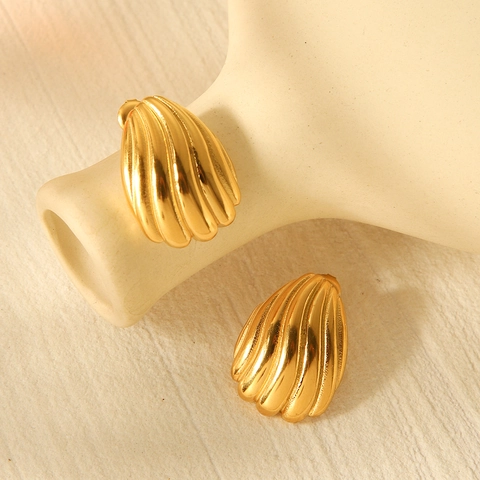 Pendientes De Botón De Concha Rayada Acero Inoxidable Chapado En Oro 18K Joyería Minimalista Geométrica Retro Francesa Mujer