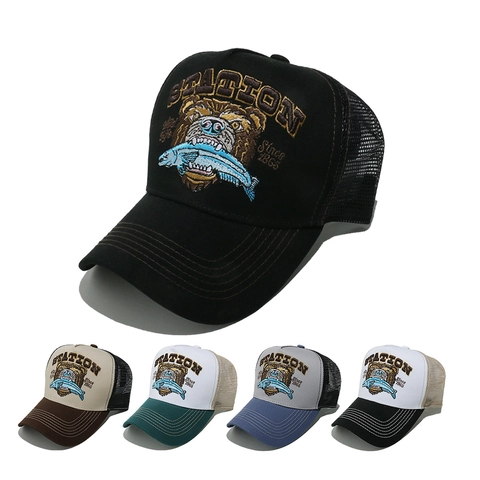 Cappello Trucker Retro Rete Baseball Ricamo Orso Pesce Traspirante Regolabile Protezione Solare Pesca All'aperto