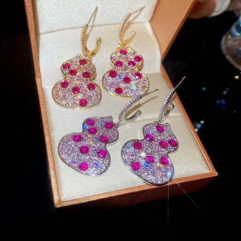 Gourd C-Förmige Creolen Mit 925 Sterling Silber Ohrstecker Kupfer Zirkon Pave Rosa Rote Steine Schmuck Für Damen