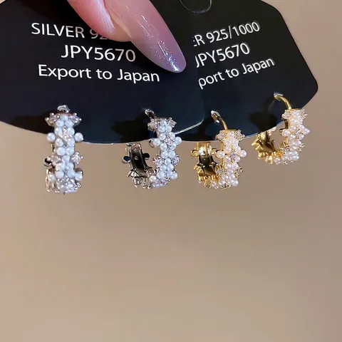 Orecchini A Cerchio Con Künstliche Perle Finte E Zirconi Placcati Oro 14K Perno In Argento 925 Gioielli Eleganti Da Donna