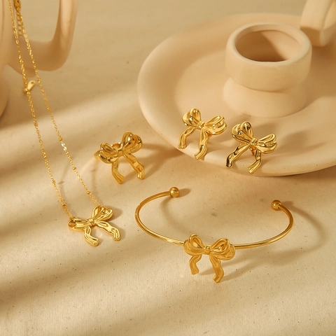 Bow Ribbon Jewelry Necklace Bangle Ring Earrings Stainless Steel 18K Gold Plated Waterproof Anti-Allergy Accessories For Women