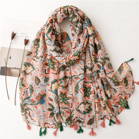 Écharpe Châle Imprimé Floral Ethnique Bohème Polyester Voile Mince Protection Solaire Glands Voyage Plage Femmes