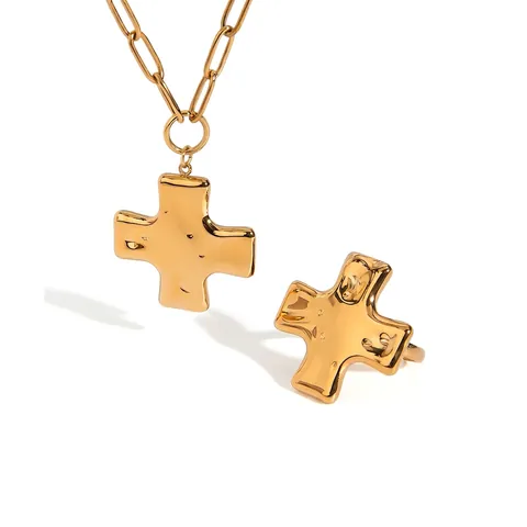 Cross Pendant Necklace And Ring Stainless Steel Gold Plated Hammered Molten Texture Waterproof Jewelry For Women