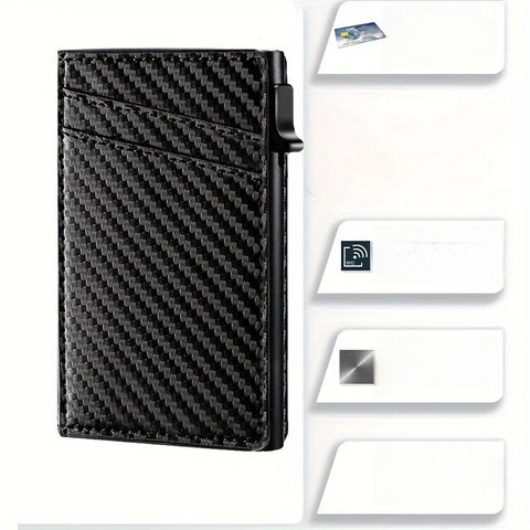 Automatic Pop-Up Card Holder RFID Blocking Carbon Fiber Aluminum Alloy PU Leather Slim Minimalist Wallet