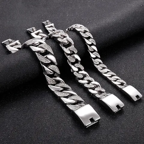 Cuban Link Armband Für Herren Edelstahl Mit Eingelegten Zirkonia Hip Hop Style Schwere Kette Schmuck