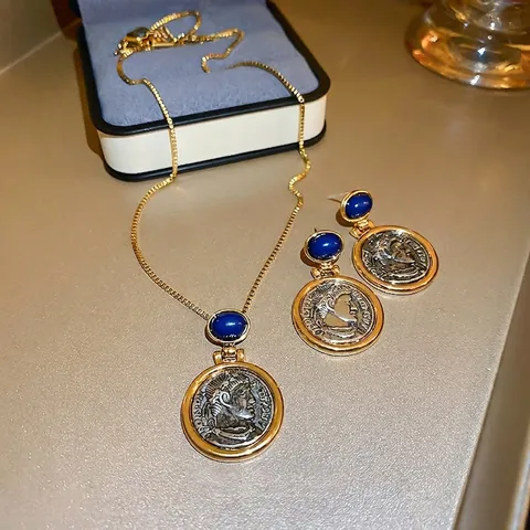 Orecchini Pendenti Con Ritratto Di Moneta Romana Vintage Con Pietra Blu E Perno In Argento Gioielli Stile Medievale Francese Donna