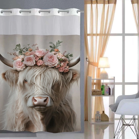 Highland Cow Duschvorhang Polyester Wasserdicht Waffelgewebe Mit Snap In Liner Metallösen Floral Tierdekor
