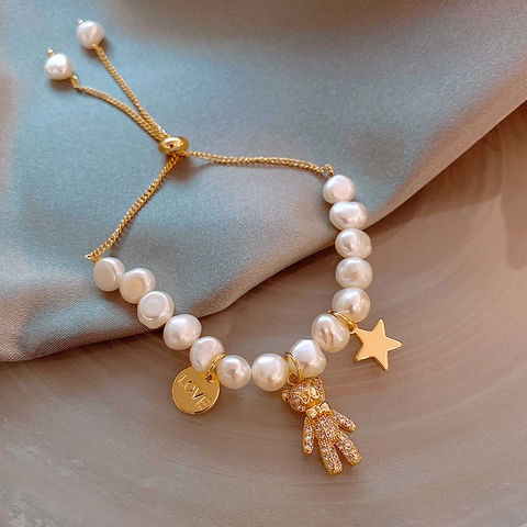 Zoetwaterparel Armband Dames Verguld Metaal Met Zirconia Beer Ster Love Hangers Verstelbare Schuifsluiting Elegant