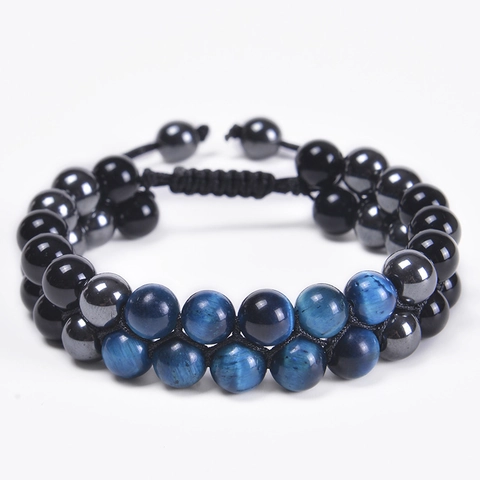 Men's Double Layer Natural Blue Tiger Eye Hematite Black Agate Beaded Bracelet Handmade Adjustable Cord