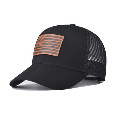 Gorra Trucker Con Parche De Cuero Bandera USA Algodón Malla Transpirable Béisbol Aire Libre Vintage Ajustable