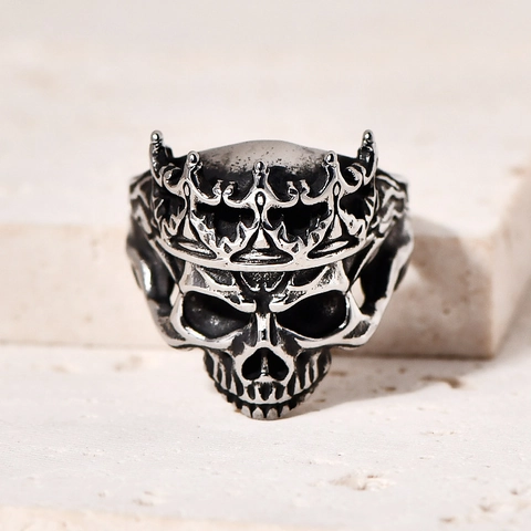 Vintage Skull Crown Ring Stainless Steel Punk Gothic Style Domineering Retro Biker Finger Jewelry Band For Men