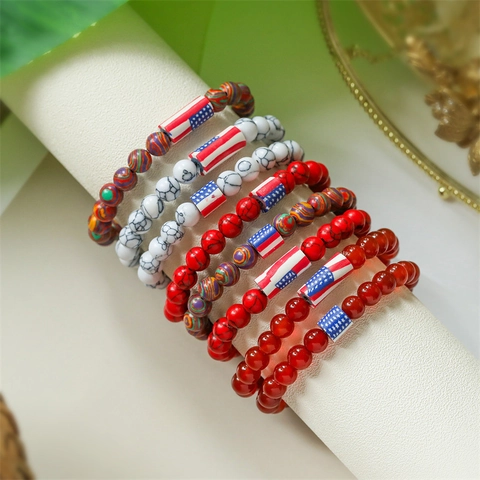 Beaded Bracelet Natural Stone US Flag Charm Patriotic Elastic Wristband Men Women Casual Accessory