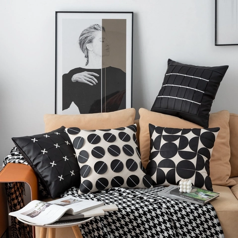 Kissenbezug Dekokissen Schwarz Luxus Geometrisch Kunstleder Leinwand Patchwork Kissenbezug Für Sofa Couch Wohnkultur INS Stil