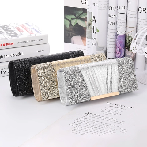 Evening Clutch Bag Glitter Sequins Pleated Formal Party Wedding Handbag With Detachable Chain For Women