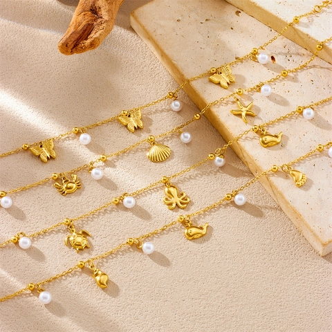Tobillera Temática De Playa De Verano Acero Inoxidable Chapado En Oro Con Perlas Artificiales Y Colgantes Marinos Para Mujeres Estilo Vacaciones