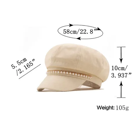 Gorra De Vendedor De Periódicos Para Mujer Decoración Cadena Perla Artificial Dorada Sombrero Octogonal Retro Moda Algodón Color Sólido