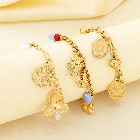 Bracciale Con Ciondoli In Acciaio Inossidabile Placcato Oro Angelo Cupido Vergine Maria Croce Fiore Cuore Farfalla Perla Artificial Donna