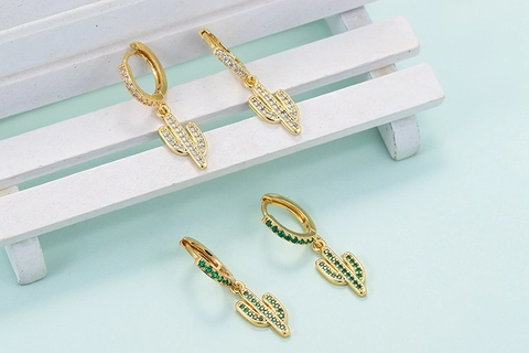 Orecchini A Cerchio Cactus Rame Placcato Oro Zirconi Gioielli Tropicali Moda Donna