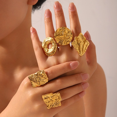 Geometric Hammered Open Ring Stainless Steel Irregular Lava Texture Adjustable Band Jewelry For Women