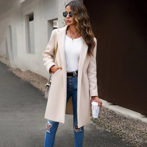 Abrigo De Longitud Media Para Mujer Elegante Color Sólido Poliéster Estilo Mezcla De Lana Solapa Botonadura Sencilla Oficina