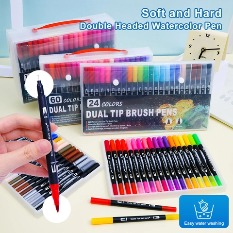 Dual Tip Brush Pens Watercolor Markers Washable Non Toxic Art Supplies Coloring Sketching Drawing Multi Color Plastic
